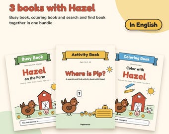 May include: A value bundle of three digital books featuring Hazel, including a busy book, a colouring book, and a search and find activity book. The covers display farm-themed illustrations with chickens, a red barn, and the titles Hazel on the Farm, Where is Pip?, and Color with Hazel. The set is for ages 2 to 4.