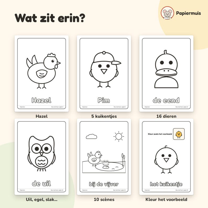 Puede incluir: Seis p&aacute;ginas rectangulares para colorear con dibujos de l&iacute;neas negras de animales y escenas. Las p&aacute;ginas incluyen ilustraciones de una gallina llamada Hazel, un pollito llamado Pim, un pato, un b&uacute;ho, una escena de estanque y un pollito.