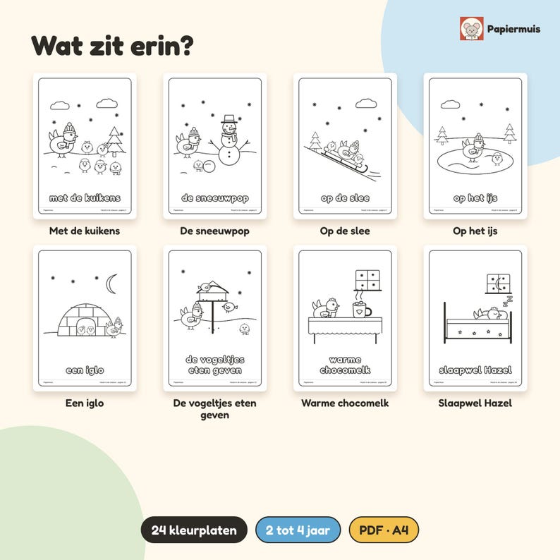 Puede incluir: Un conjunto de ocho p&aacute;ginas para colorear en blanco y negro con escenas invernales de pollitos, incluyendo un mu&ntilde;eco de nieve, trineo, patinaje, un igl&uacute;, alimentaci&oacute;n de aves, chocolate caliente y dormir. El texto incluye Wat zit erin, Met de kuikens, De sneeuwpop, Op de slee, Op het ijs, Een iglo, De vogeltjes eten geven, Warme chocomelk y Slaapwel Hazel.