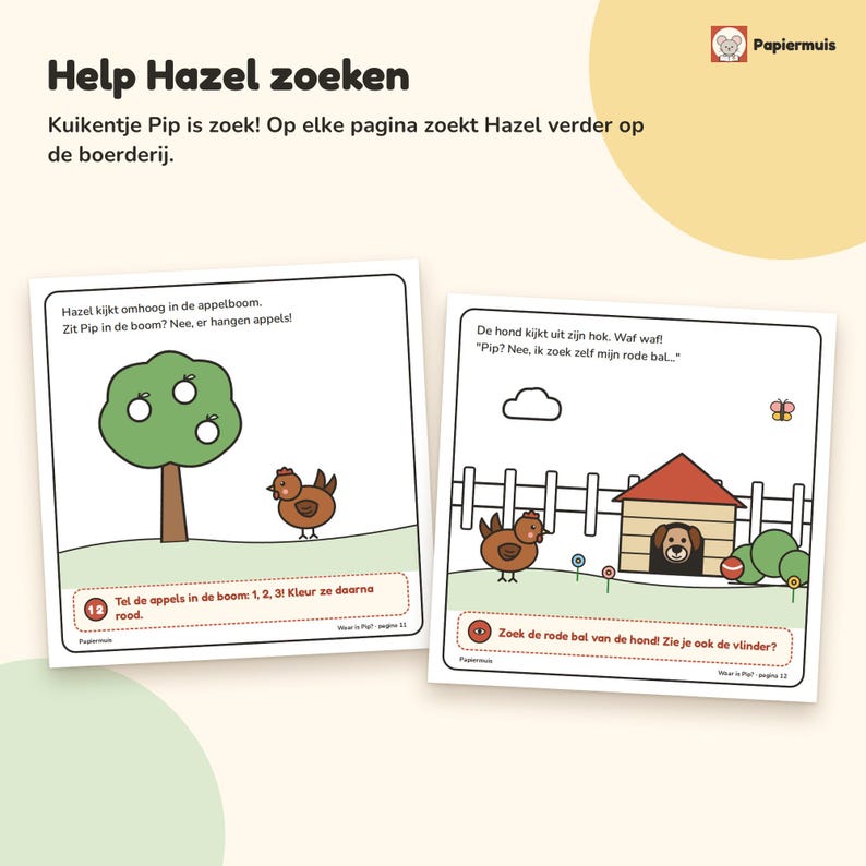 Toddler search and activity book printable, Where is Pip, 25 pages farm games, counting and searching, 2 to 4 years, Dutch, PDF A4 image 5