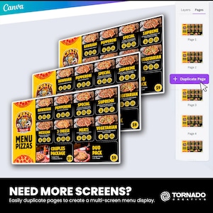 May include: A digital menu design interface for Crazy Slice Pizza Co. featuring multiple stacked menu boards with pizza options like Hawaiian, Pepperoni, and Supreme. The layout includes pricing, ingredient lists, and a sidebar with page management tools.