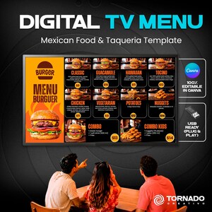 May include: A digital TV menu template for a Mexican food and taqueria restaurant. The display features a burger graphic, a list of food items like classic, guacamole, and chicken, with prices in dollars, and a USB plug and play icon.