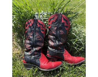 Tony Lama Vtg Womens Size 6 Western Cowboy Boots Black Red Leather USA Point Toe