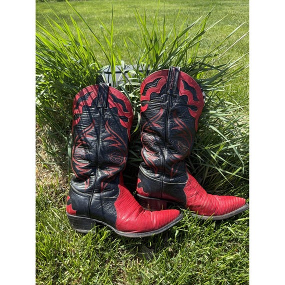 Tony Lama, Tony Lama Vtg Womens Size 6 Western Cowboy Boots Black Red Leather USA Point Toe