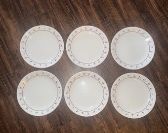 Corelle Burgundy Rose 8-1/2" saladeborden, roze en bordeauxrood, vintage Corelle set van 6
