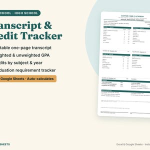 Homeschool High School Transcript Template, Credit Tracker, GPA Calculator Weighted & Unweighted, Printable Transcript, Excel Google Sheets