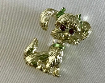 Vintage signed Gerrys Puppy Dog Brooch Pin Gold Tone Metal Green Bows Red Rhinestone Eyes Costume Jewelry