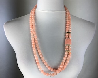 Vintage Pink Swirl Marbled Plastic Bead Necklace 30" Double Strand Gold Tone Connector Beads Statement Necklace