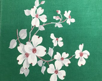 Vintage Green Dogwood Tablecloth 61x53.5 Cornaceae Flowered Print Cloth