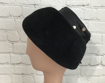 Vintage Black Mushroom Hat Peach Bloom Velour Basket Hat Iridescent Faceted Rhinestone Buttons Merrimack