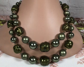 Vintage Olive Green Double Strand Bead Choker Necklace 17" Chunky Plastic