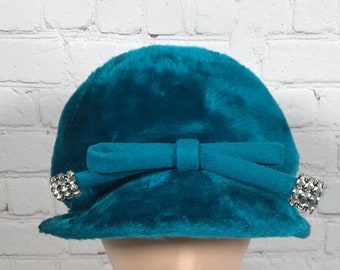 Vintage Emme Boutique Teal Faux Fur Hat with Rhinestone Bow Frank Olive Bonwit Teller