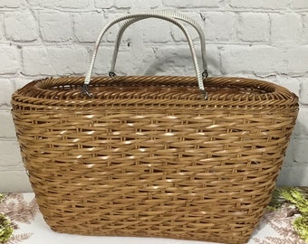 Vintage Large Wicker Handbag Open Top Double Handles Woven Wicker Purse Handbasket