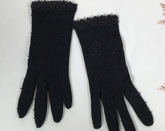 Vintage Beaded Black Gloves One Size Wrist Length Stretch Nylon Made in Hong Kong