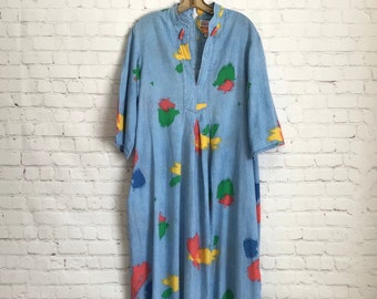 Vintage 80s Evelyn Pearson Caftan Dress Faux Denim Paint Splashes Womans Large Back Zipper