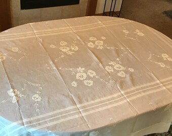 Antique 1910 White Work Roses Hand Embroidery Semi Sheer Cotton Lawn 96 x 68 Applied Borders