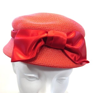 Vintage Woven Straw Pillbox Hat with Ribbon Hatband Big Bow Soft Red Cloche Small Hat