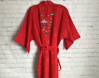 Vintage Longevity Embroidered Red Rayon Kimono Belted Robe