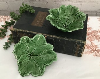 Vintage Secla Portugal Green Leaf Small Dishes Footed Bowls Set of 2