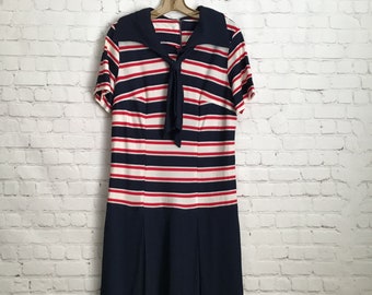 1960's Striped Drop Waist Pleated Polyester Dress Short Sleeve Collar with Neck Tie Red White and Blue