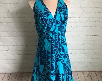 Vintage 60s Richard Douglas Hawaiian Barkcloth Dress Medium Halter Back V Neck Blue Strappy Midi