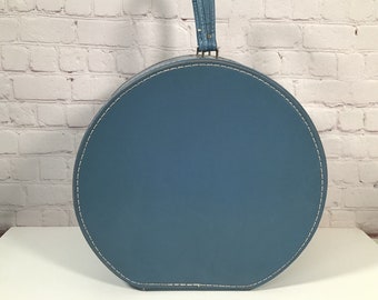 Vintage Travins Large Round Zippered Wig Case, Blue Vinyl Hat Box, Portable Carrying Case, Accessories Storage