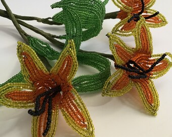 Vintage Handmade Beaded Flowers Tiger Lilys Orange Yellow Green Glass Seed Beads