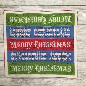 Vintage Tammis Keefe Hankie Merry Christmas Handkerchief Rolled Hem Red Green Blue