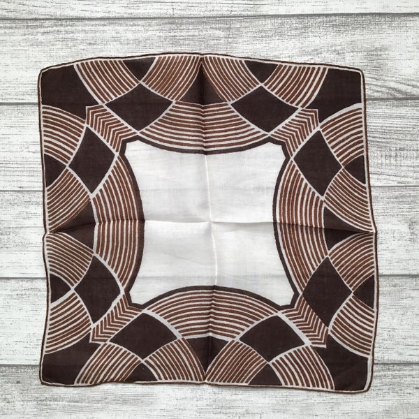 Vintage Hankie Brown Geometric  Handkerchief Hand Rolled Hems 12.5"