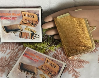 Vintage Mini Sewing Kit Gold Embossed Purse Accessory Golden Frame Made in Hong Kong