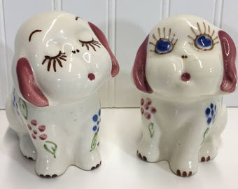 Vintage 1940s Block Pottery California Ceramic Dog Puppies Suculenta Planter Puppy Planter Vase Blue Eyes Pair