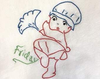 Vintage Large Friday Embroidered Flour Sack Dish Towel Chain Stitch Child Cleaning Days of the Week