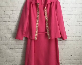 Vintage 70s Two Piece Pink Polyester Belted Dress and Jacket with Green Cream Trim Womans XL