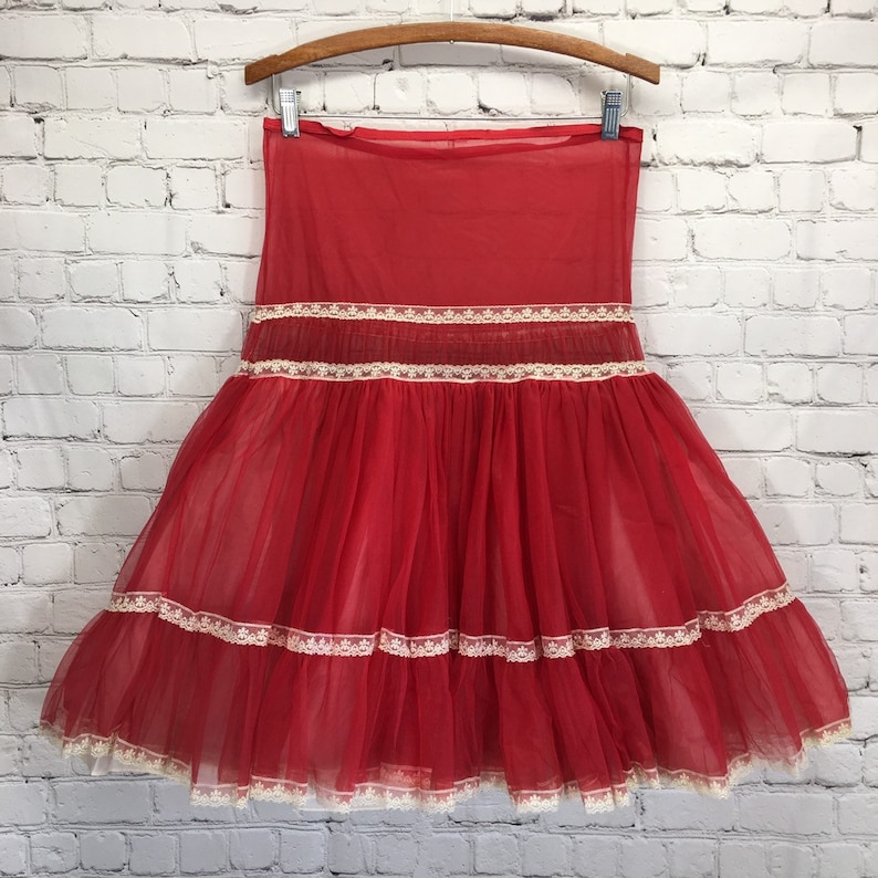 Red Nylon Half Slip Layered Gathered Semi Sheer Petticoat Womans Small Swing Dance Underskirt Rockabilly Drop Waist