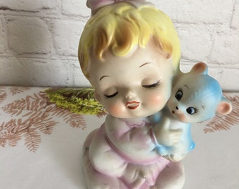 Vintage Girl With Blue Teddy Bear Nightlight Figurine Statue Kitschy Baby Room Nursery Collectible