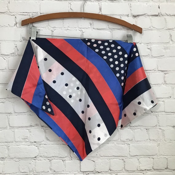 Vintage Red White Blue Headscarf Polka Dot Stripe… - image 2