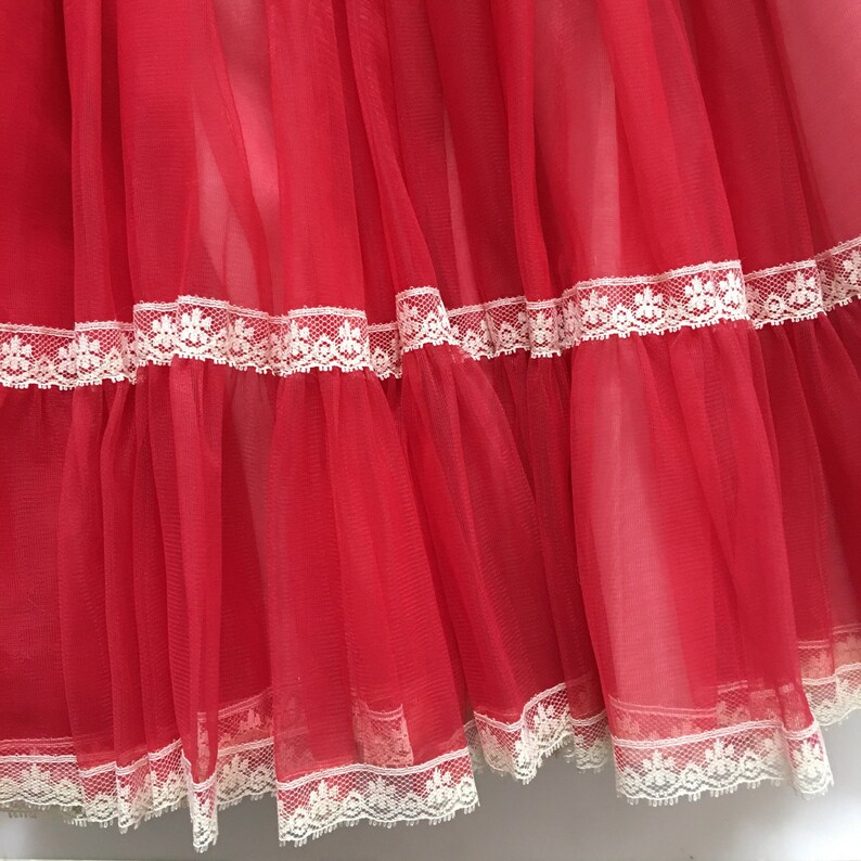 Red Nylon Half Slip Layered Gathered Semi Sheer Petticoat Womans Small Swing Dance Underskirt Rockabilly Drop Waist