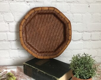 Vintage Lightweight Woven Wicker Tray Octagon Rattan Catchall Basket Wall Art