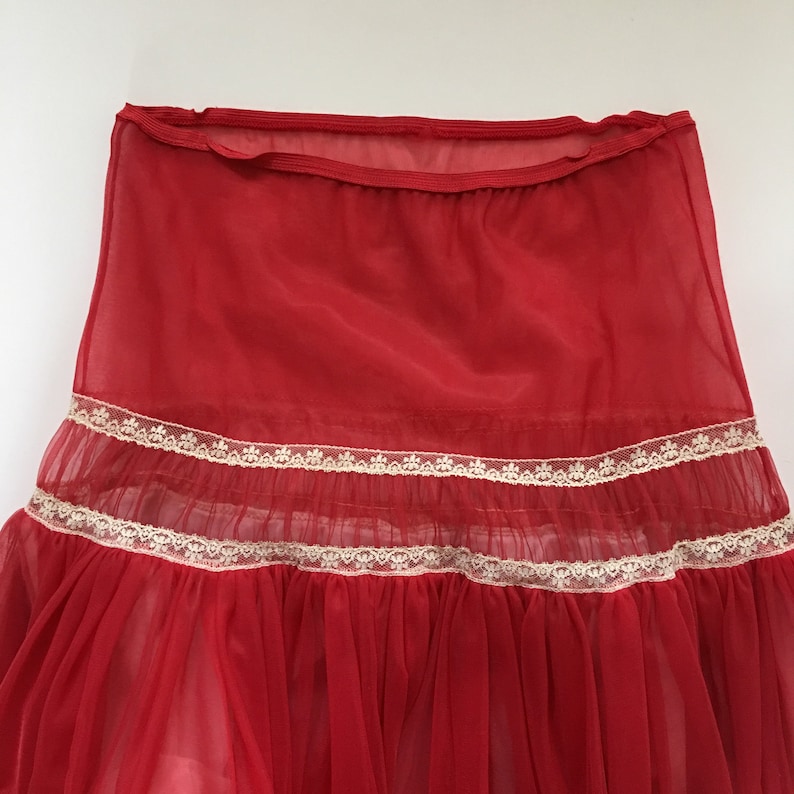 Red Nylon Half Slip Layered Gathered Semi Sheer Petticoat Womans Small Swing Dance Underskirt Rockabilly Drop Waist
