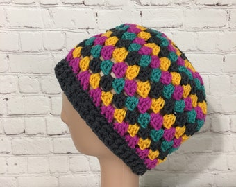 Vintage Granny Square Slouch Beanie Gray Yellow Teal Pink Crochet Hat Adult Large