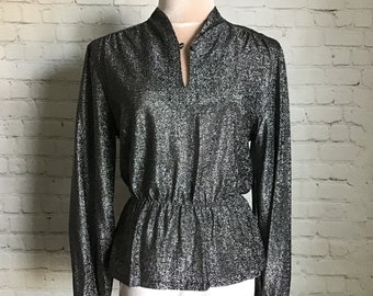 Vintage Deadstock Judy Bond Metallic Peplum Blouse  Womans 12 Keyhole Neck Elastic Cuffs