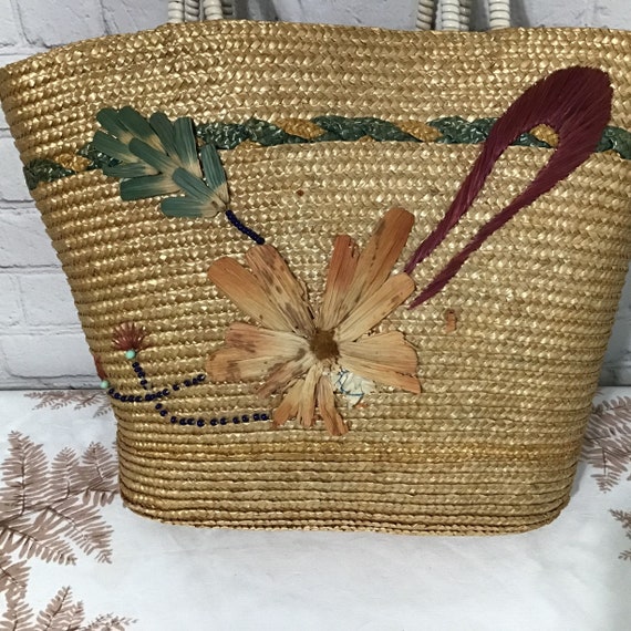 Vintage Straw Tote Beaded Embroidered Telephone C… - image 2