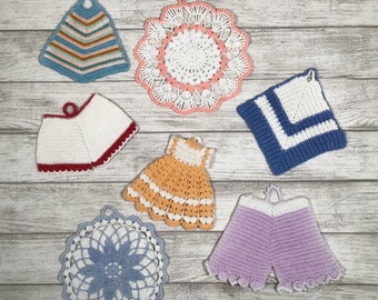 Vintage Starched Crocheted Hot Pads Dress Bloomers Doilies Pot Holders Farmhouse Wall Decor Lot