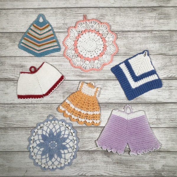 Vintage Starched Crocheted Hot Pads Dress Bloomers Doilies Pot Holders Farmhouse Wall Decor Lot