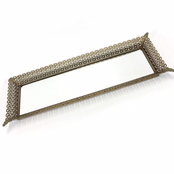 Vintage Long Rectangular Vanity Mirror Tray Gold Filigree Vanity Mirror Tray Gold Filigree