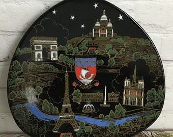 Vintage Longwy Paris Plate Enameled Souvenir Wall Hanging Eiffel Tower Notre-Dame Arc de Triomphe