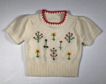 Vintage Knit Toddler Sweater Jumper Cream Red Flower Embroidery Short Sleeve