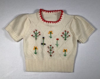 Vintage Knit Toddler Sweater Jumper Cream Red Flower Embroidery Short Sleeve