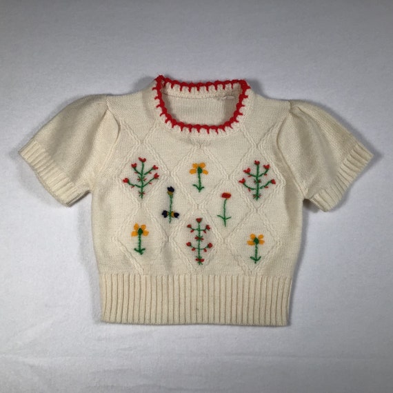 Vintage Knit Toddler Sweater Jumper Cream Red Flo… - image 1