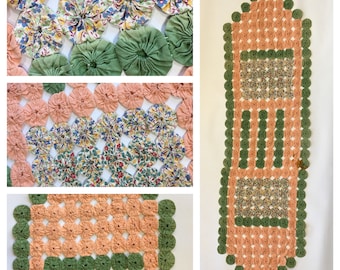 Vintage Hand Sewn Yo Yo Table Runner Dresser Scarf Peach Green Baby Nursery Decor Feedsack Novelty Prints